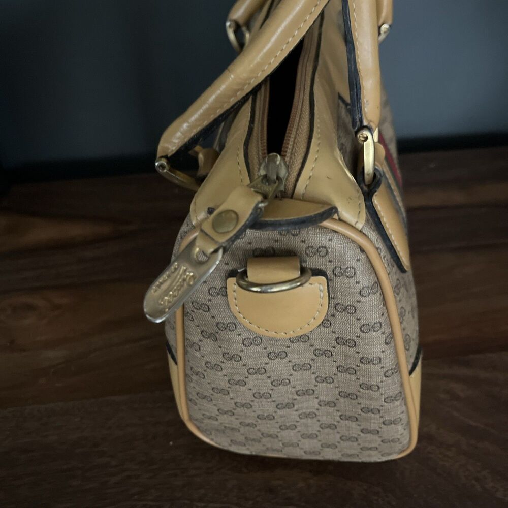 GUCCI Micro GG Sherry Line  Shoulder Bag Brown PVC & Leather Vintage Rare Tan - Picture 6 of 15